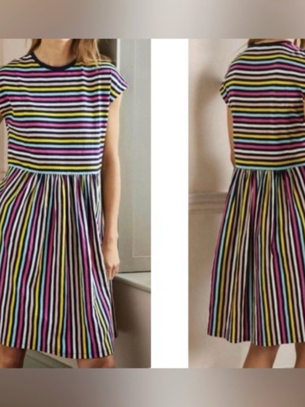 Boden Women Vibrant Striped Midi dress Size 8P Multicolor 100% cotton.